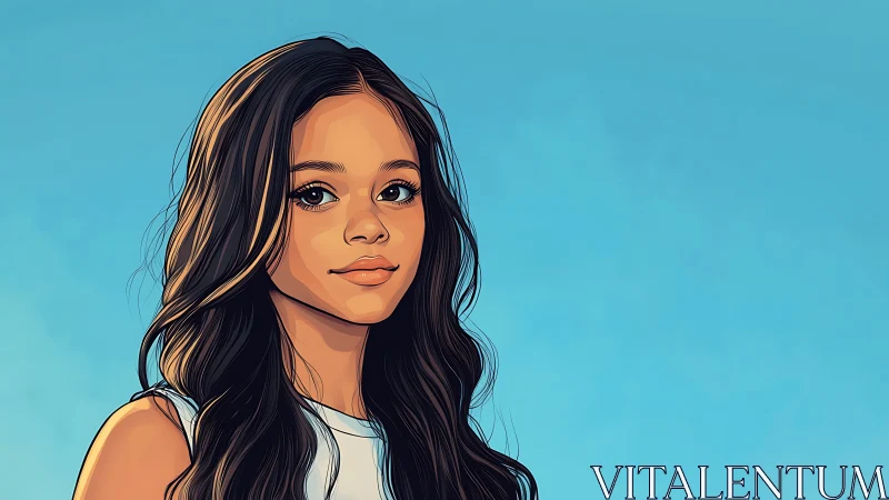 Digital portrait illustrates young woman against blue background