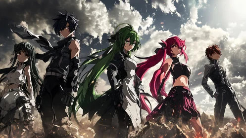 Group of anime fighters stand in rubble under dramatic sky