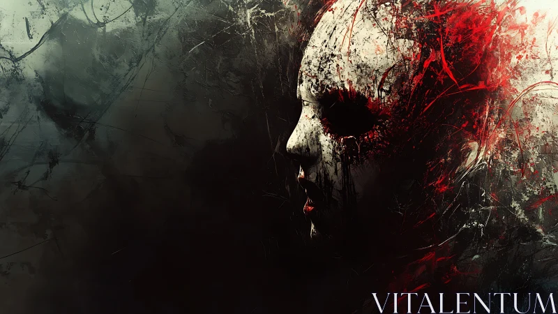 Shattered white mask silhouette in violent red abstraction.