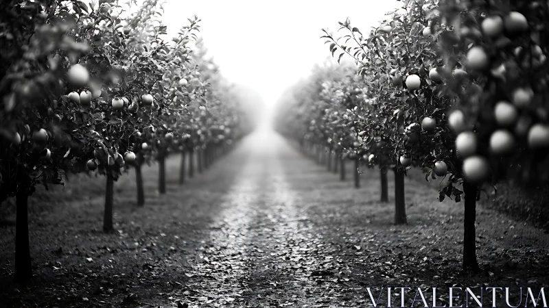 Monochrome orchard path lined with fruit trees in foggy light.