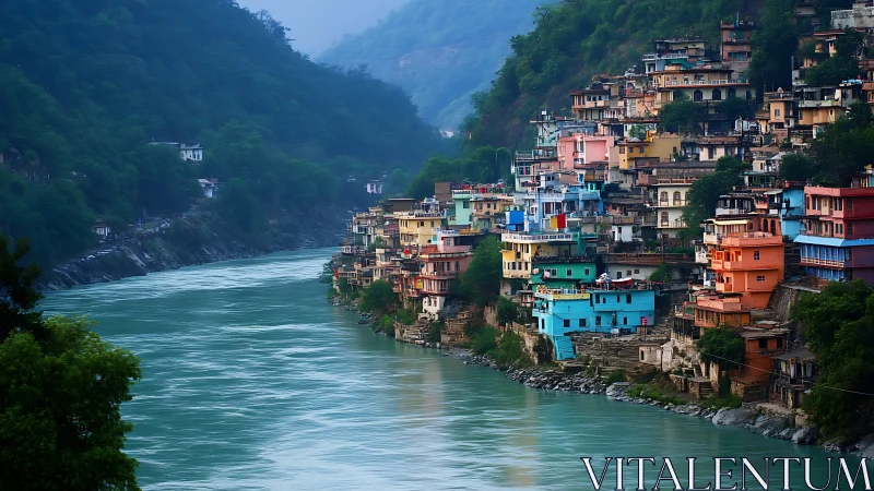 Colorful riverfront town nestled in lush misty mountains.