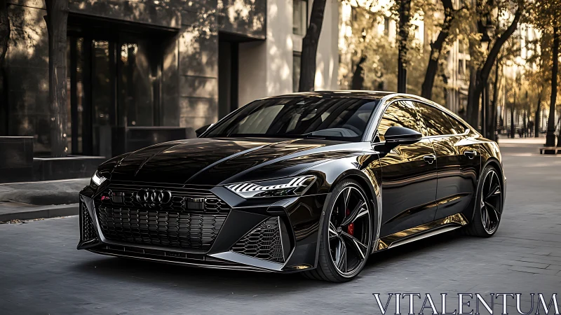 Black Audi performance sedan parked on quiet city street.