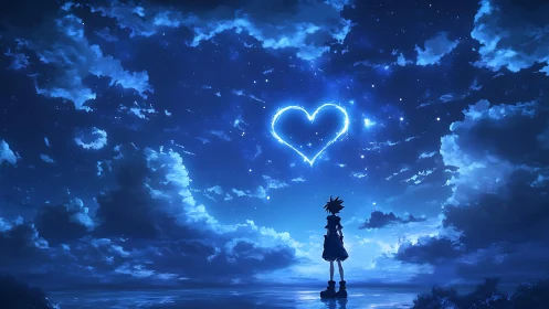 Stargazing youth below luminous heart-shaped nebula sky