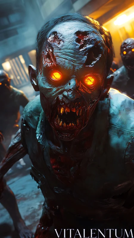 Hyperreal undead creature with molten eyes in corridor attack