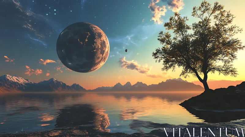 Alien moon over tranquil lake at vivid sunset sky.