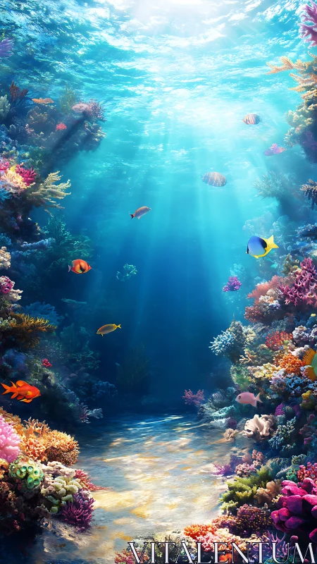 Submerged coral corridor with reef fish in filtered daylight.