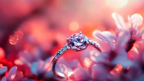 Romantic diamond ring glowing softly among dreamy blossoms.