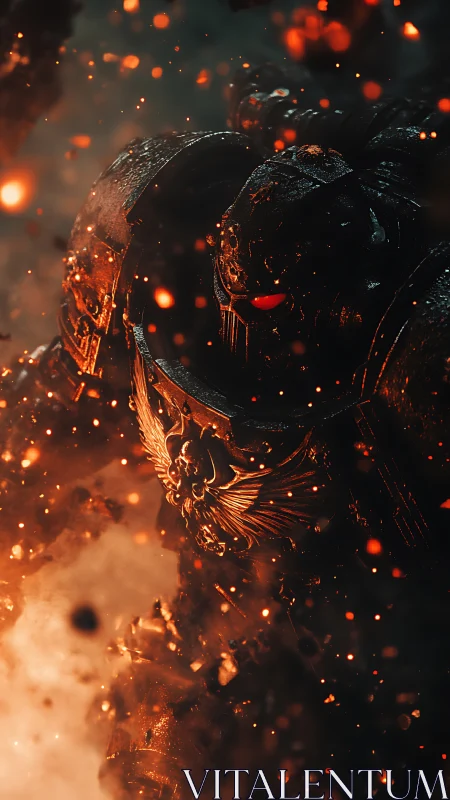 Armored sci fi warrior in burning embers storm.