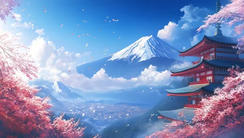 Pagoda and Mount Fuji with cherry blossoms in clear sky.