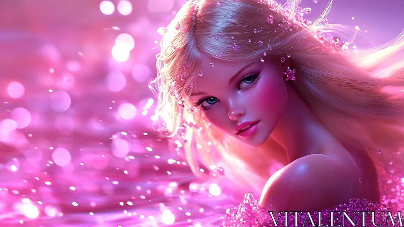Dreamy pink water muse with sparkling hair and soft glow.