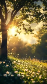 Golden sunrise filters gently through a peaceful meadow tree