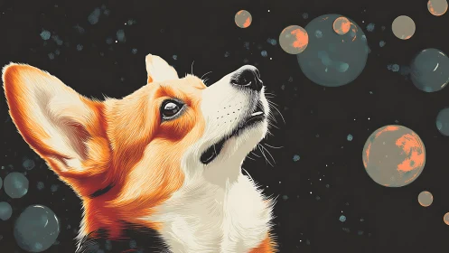 Corgi portrait gazing at glowing pastel planets in space.