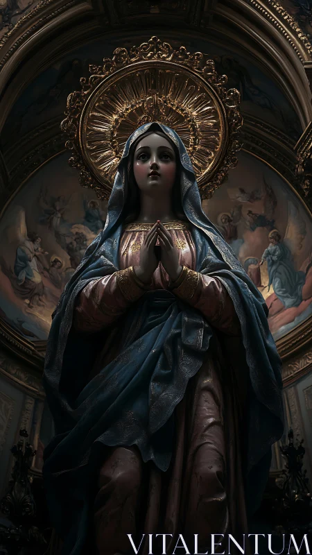 Marian devotional statue under gilded baroque halo lighting.