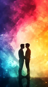 Two figures silhouetted against rainbow gradient backdrop.