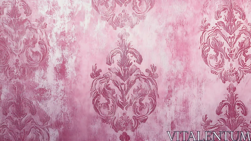 Pink damask wallpaper with distressed textured pattern.