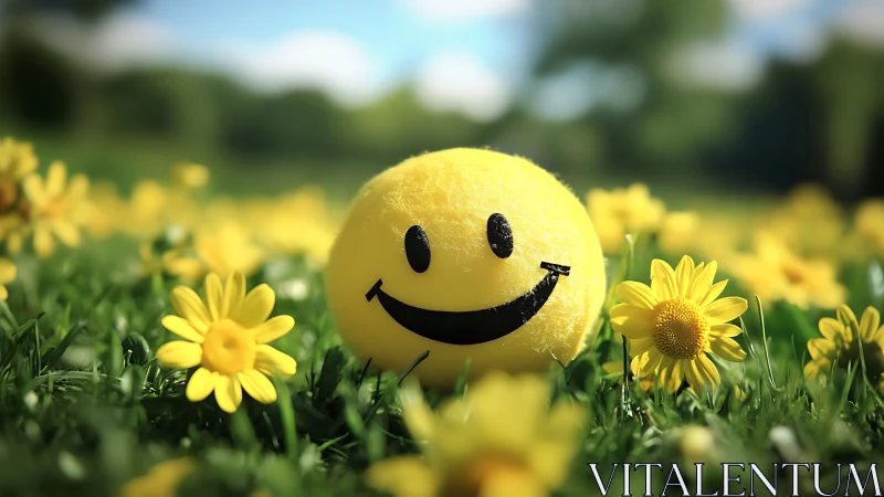 Smiley face ball on green grass among yellow daisies outdoors.