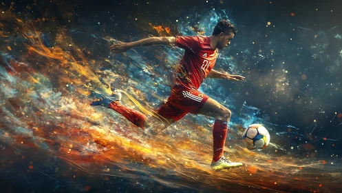 Blazing soccer player charges forward in a whirlwind of color