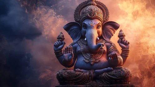 Highly detailed Ganesha idol lit by dual-color volumetric smoke field