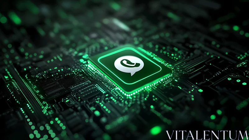 Encrypted chat icon glowing over digital circuit board.