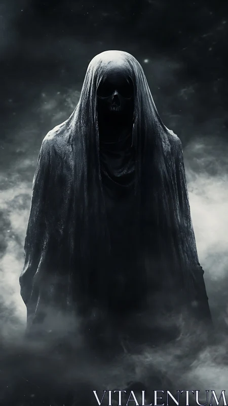 Shrouded skeletal wraith stands in mist with cinematic chiaroscuro