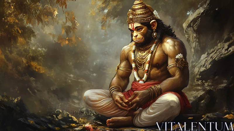 Forest stillness wraps the meditating monkey deity in gold