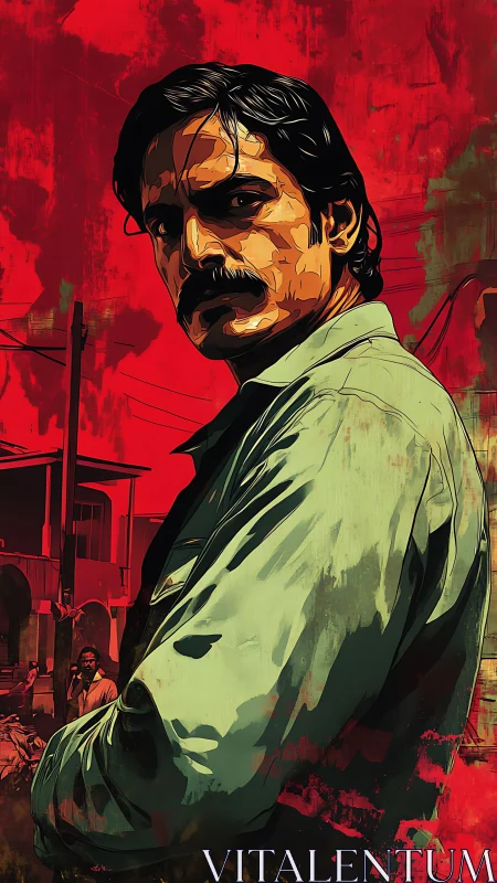 Stylized male portrait set against saturated red urban backdrop.