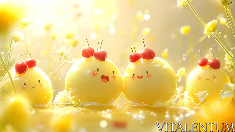 Cherry-topped jelly creatures glow in soft golden meadow