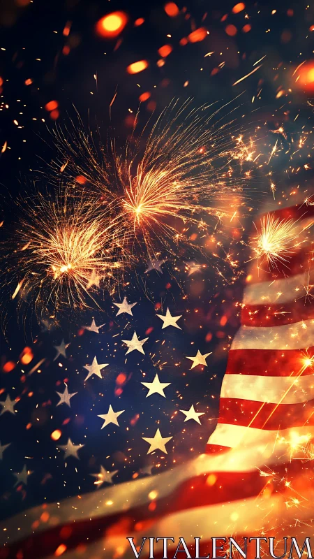 American flag overlayed with high-contrast fireworks and ember particles