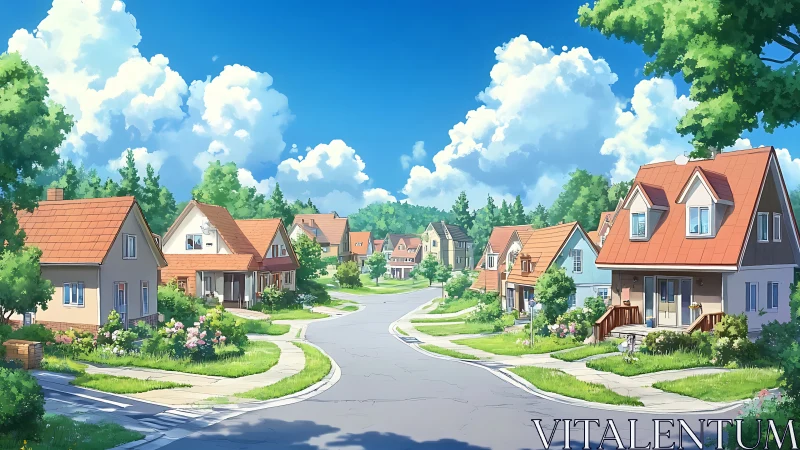 Sunny small-town street lined with cozy colorful homes.