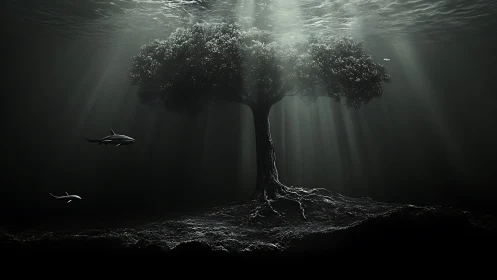 Submerged tree of light beneath tranquil ocean depths.