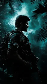 Soldier with rifle stands in dense jungle at night