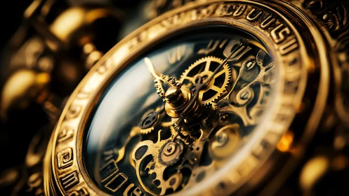 Ornate mechanical clock face with exposed golden gears.