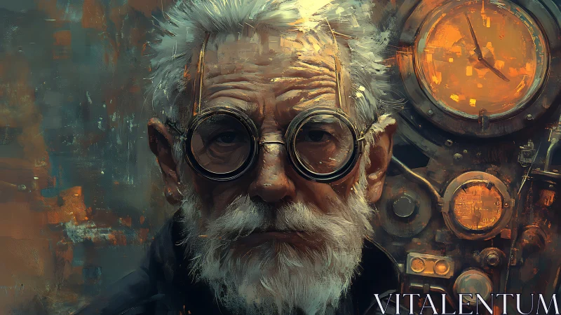 Steamwork sage before glowing clockwork console portrait.