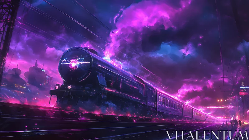 Neon storm train charging through electric cyberpunk night.