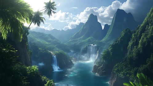 High-fidelity tropical canyon with tiered waterfalls and misty depth