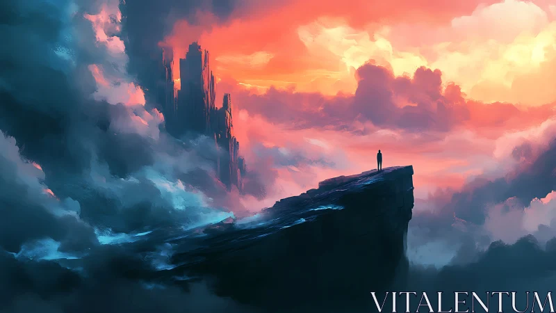 Solitary dreamer gazes across glowing clouds and distant spires