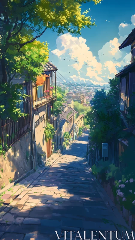 Sunlit hillside alley overlooks distant summer cityscape.