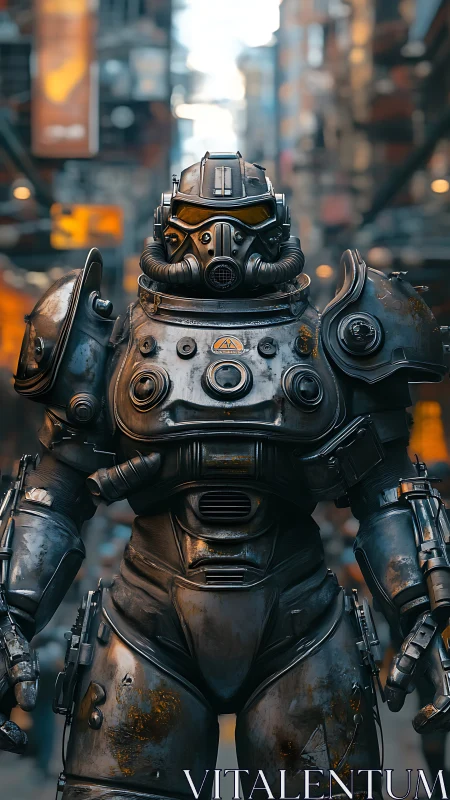 Armored exosuit soldier dominates neon urban ruins