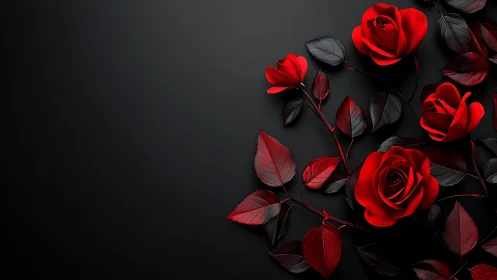 Crimson Roses with Dark Foliage Against Charcoal Background