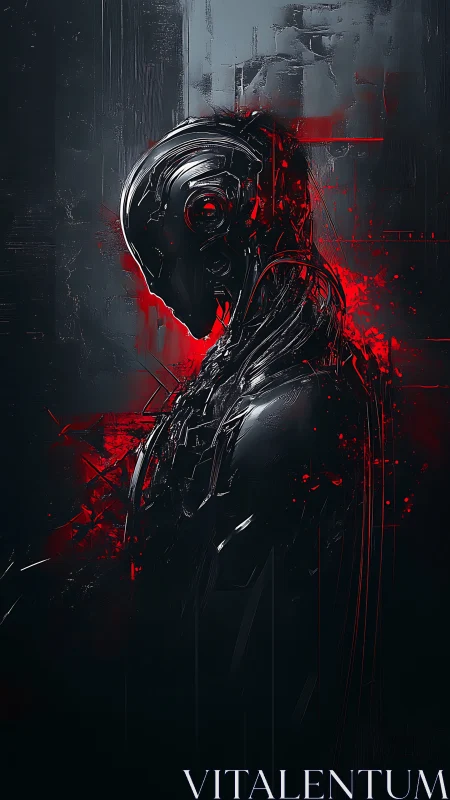 Cybernetic silhouette bathed in red glitch fragments.