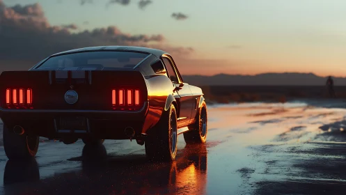 Classic muscle car on wet desert road at sunset period.