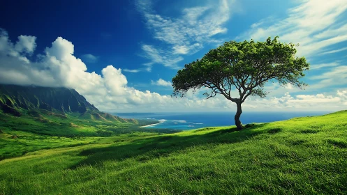 Lone coastal tree crowns vivid green hill above deep blue sea