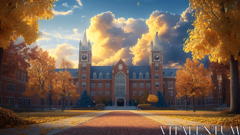 Golden autumn campus glows beneath dramatic sunset clouds
