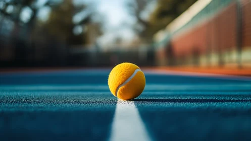 Yellow tennis ball centered on blue outdoor court line.