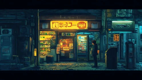 Pixelated nighttime streetscape shows illuminated vending shop