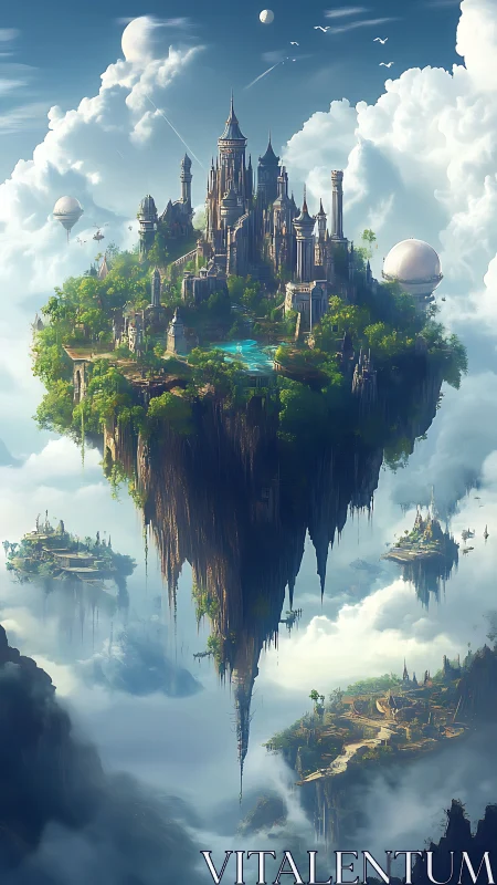 Floating Sky Citadel: Gothic Architecture on Suspended Geological Formation.