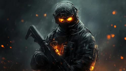 Armored soldier with burning core in storm of embers.