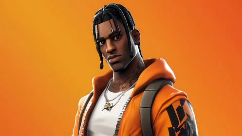 Stylized 3D urban avatar rendered against vivid orange gradient