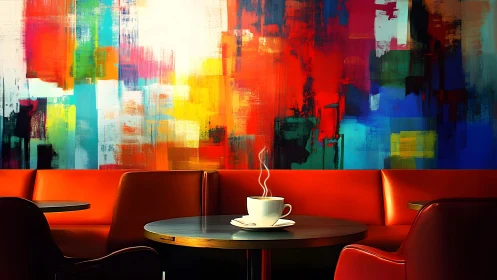 Modern café with abstract colorful wall art and cozy seating.
