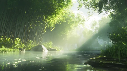 Sunlit bamboo river with mist and reflective water surface.